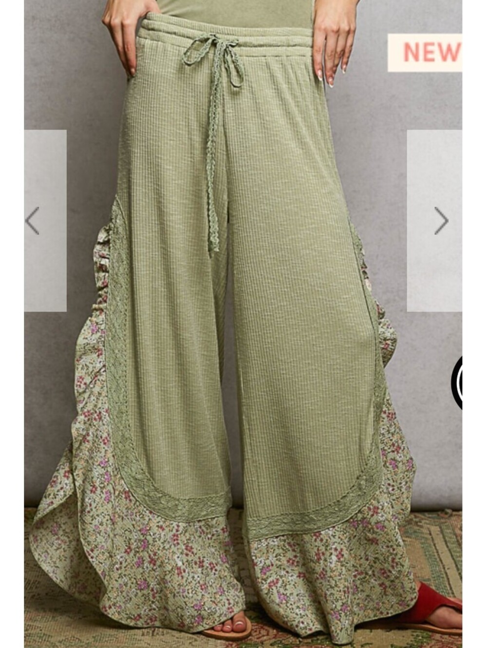 POL Sage Green Ribbed Knit Rifle Elastic Pull On Pants Boho Size L